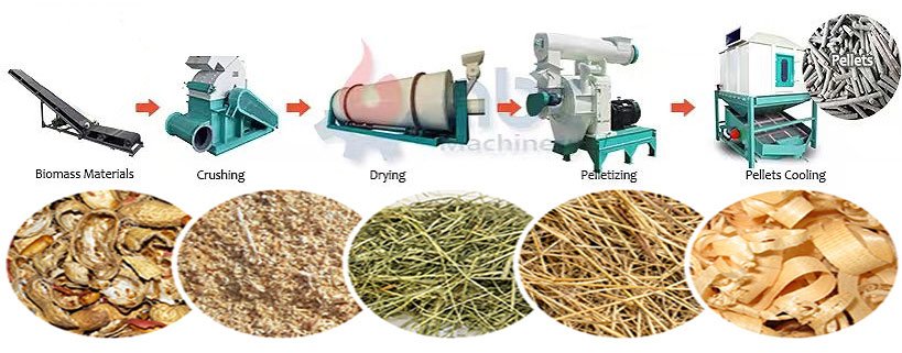 Modern biomass pellet production facility showing complete production line with quality control stations