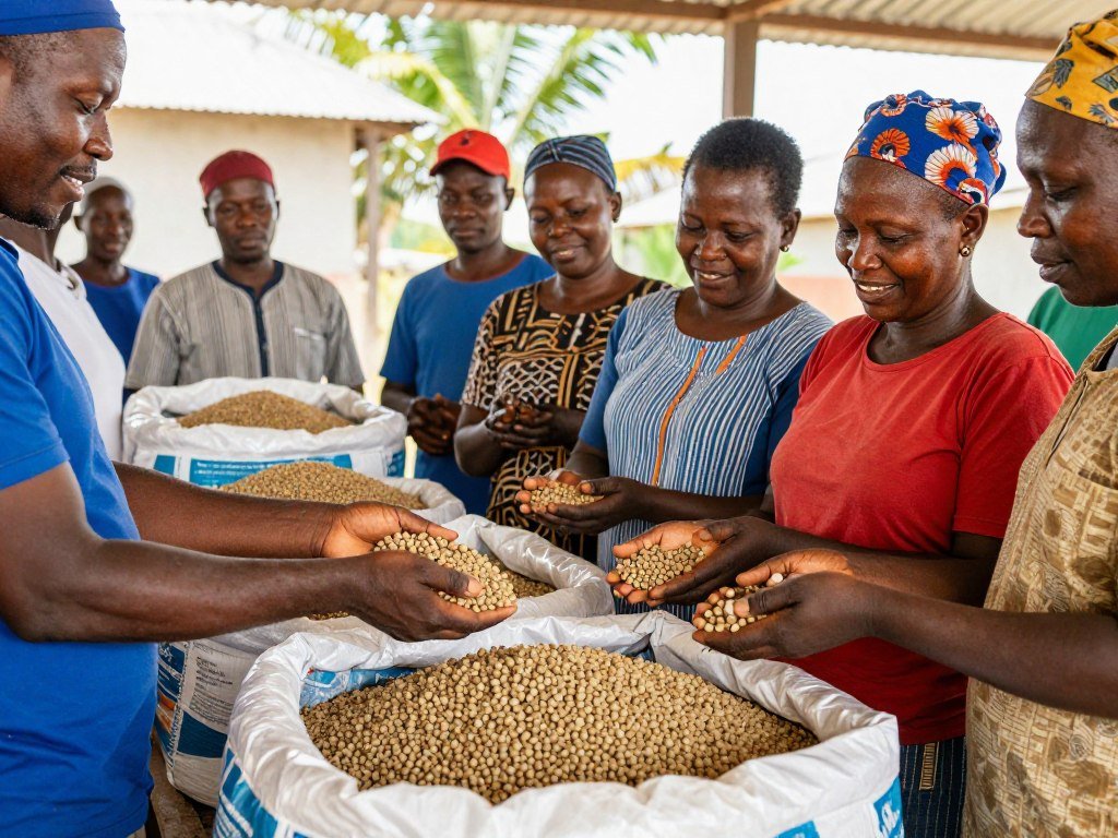 African cooperative members inspecting finished tilapia feed pellets African cooperative members inspecting finished tilapia feed pellets