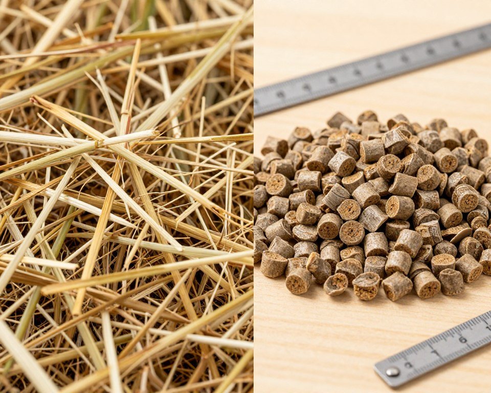 Agricultural straw being processed into biomass pellets showing before and after Agricultural straw being processed into biomass pellets showing before and after