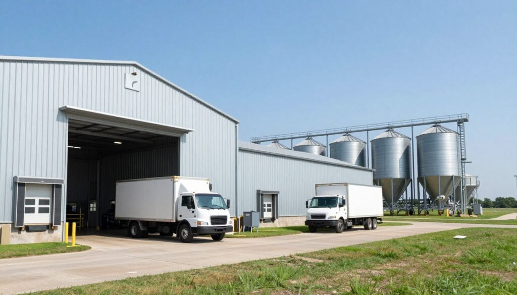 American catfish feed production facility with loading dock American catfish feed production facility with loading dock