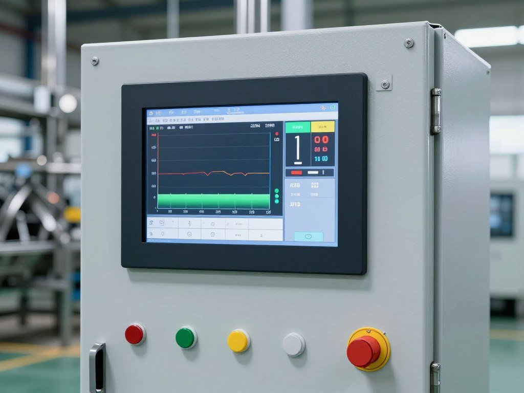 Animal feed production line control panel with digital display showing process parameters and automation controls Animal feed production line control panel with digital display showing process parameters and automation controls