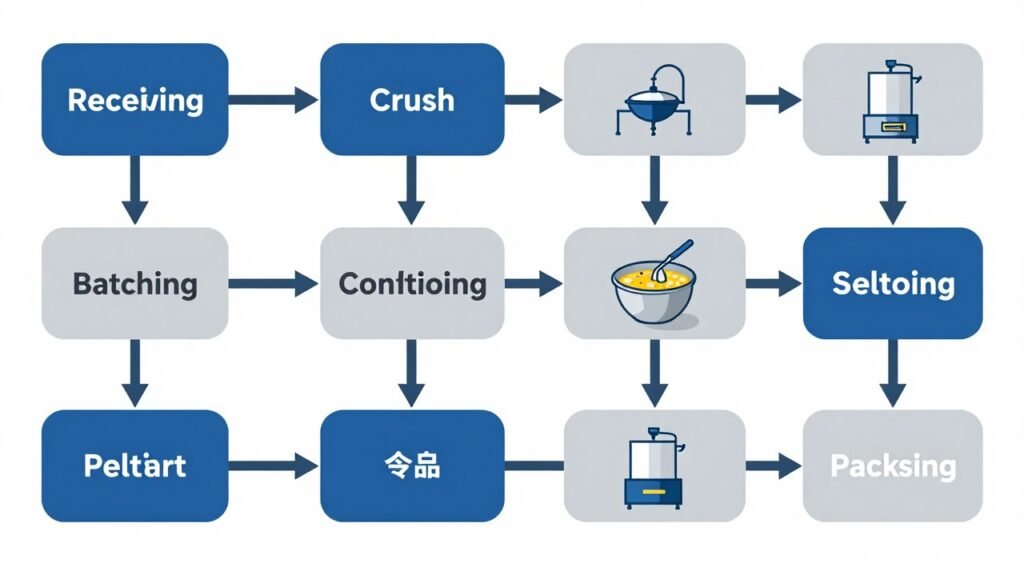 Animal feed production line workflow diagram showing material flow from raw ingredients through processing stages to finished packaged feed Animal feed production line workflow diagram showing material flow from raw ingredients through processing stages to finished packaged feed