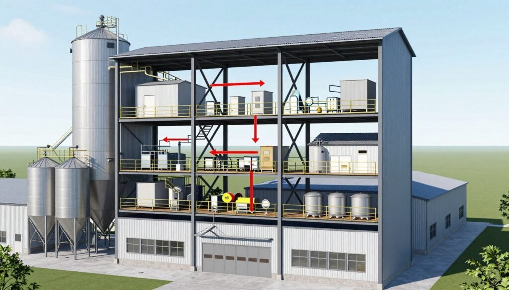 Architectural rendering of multi-level feed mill building design