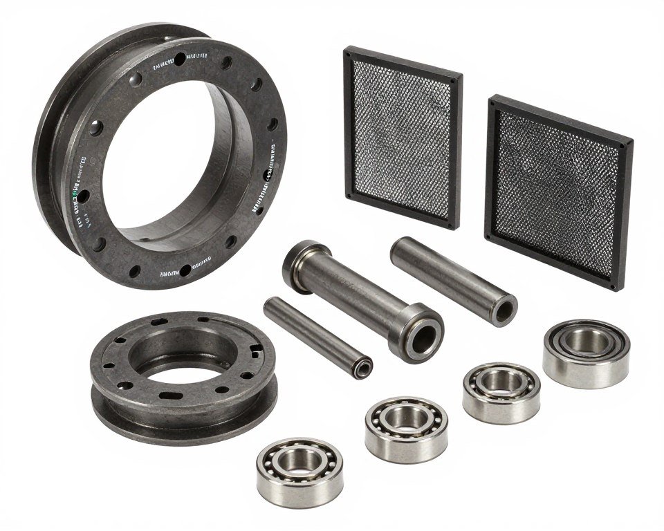 Array of genuine MAIKONG spare parts including dies rollers hammers and bearings with part numbers visible