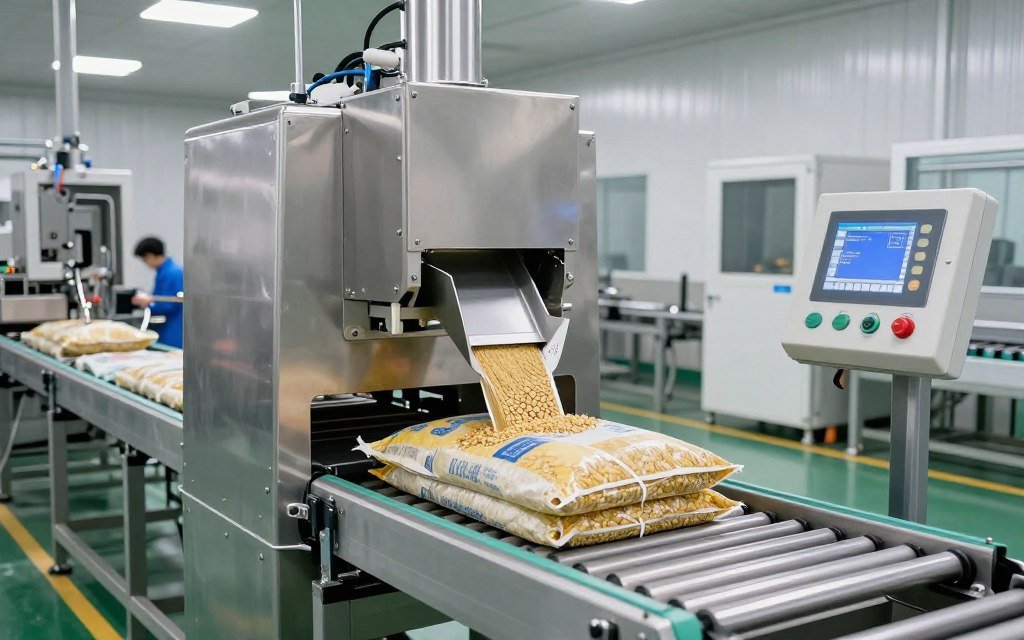 Automated bagging equipment filling chicken feed sacks