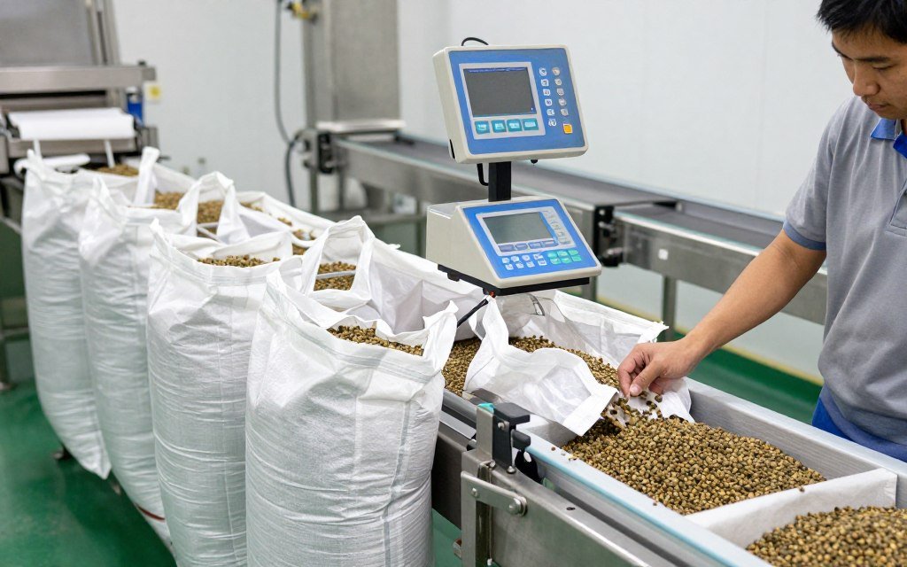 Automated bagging system filling aquatic feed into sacks