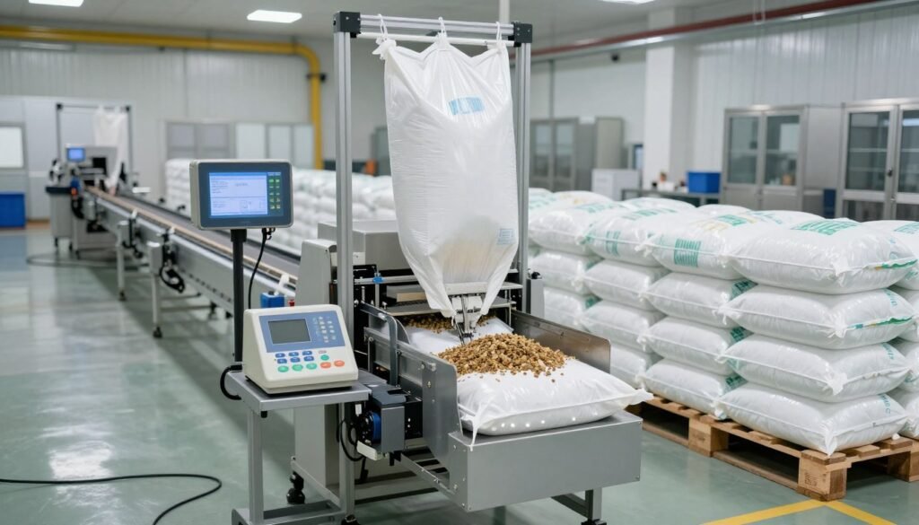 Automated bagging system for cattle feed pellets with scale and sewing machine