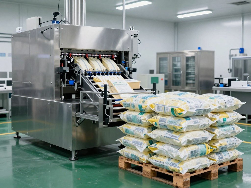 Automated feed packaging line with bagging equipment