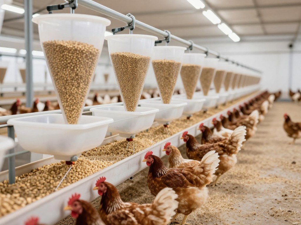 Automated poultry feeding system with feed hoppers and birds