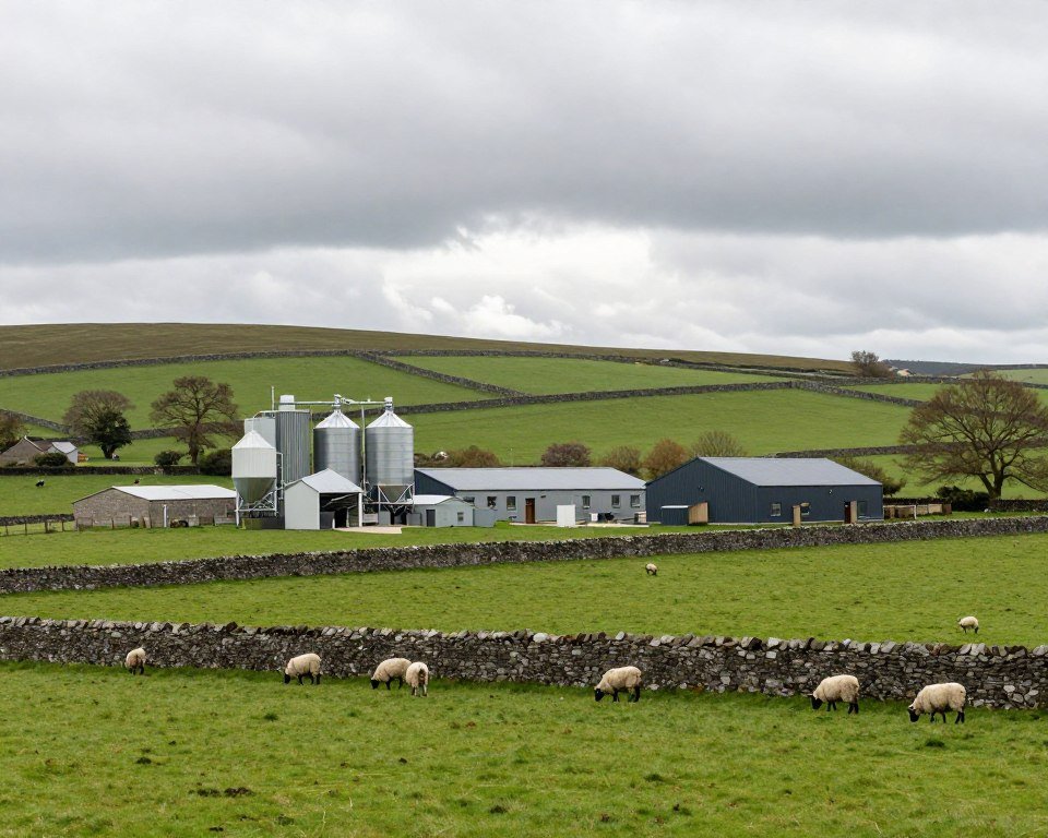 British farm landscape with modern agricultural buildings