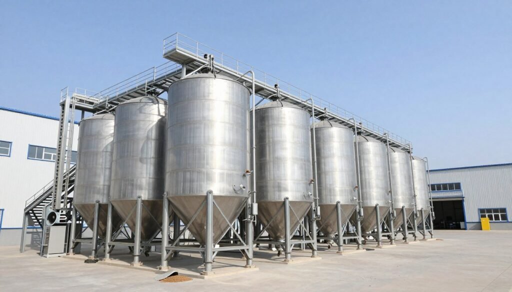 Bulk ingredient storage silos at aquatic feed production facility Bulk ingredient storage silos at aquatic feed production facility