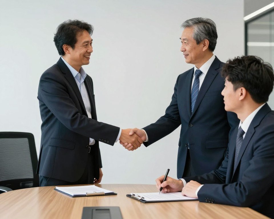 Business handshake between manufacturer and distributor representatives with contracts Business handshake between manufacturer and distributor representatives with contracts