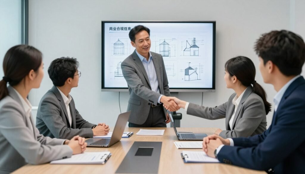 Business meeting between feed mill owner and equipment supplier representatives
