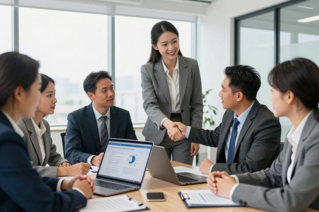 Business meeting discussing feed production equipment distribution partnership Business meeting discussing feed production equipment distribution partnership