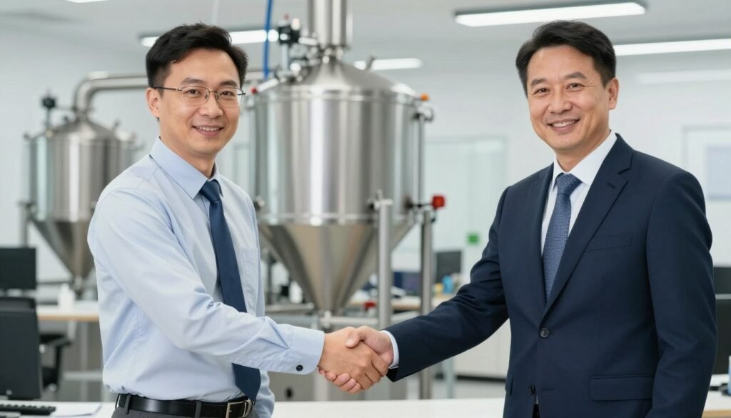Business partners shaking hands with feed production equipment in background Business partners shaking hands with feed production equipment in background