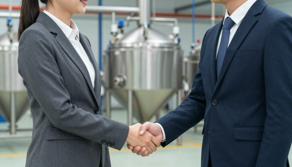 Business partnership handshake with aquaculture equipment in background
