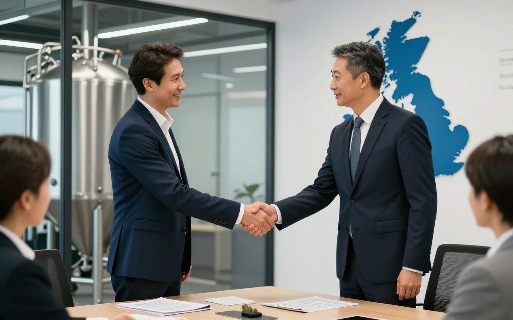 Business partnership handshake with fish feed production equipment and UK map in background representing dealer opportunities