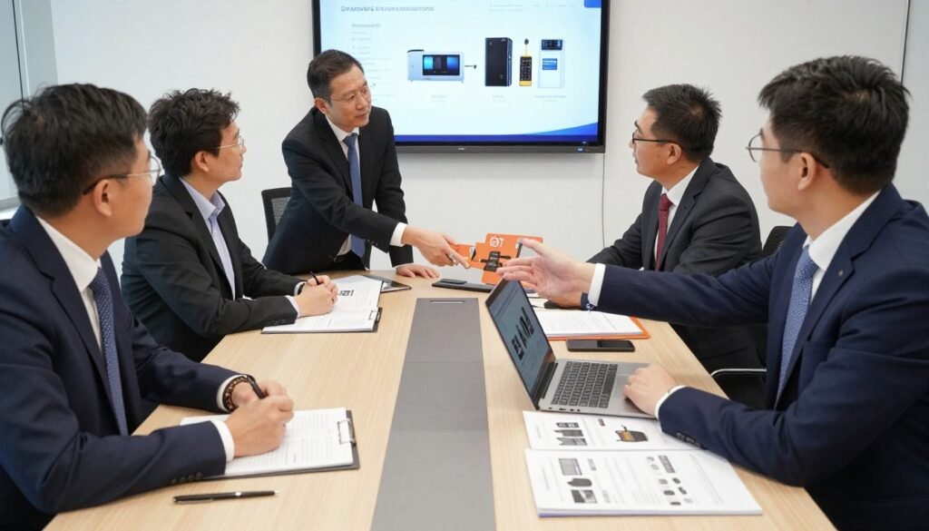 Business partnership meeting discussing distribution agreement