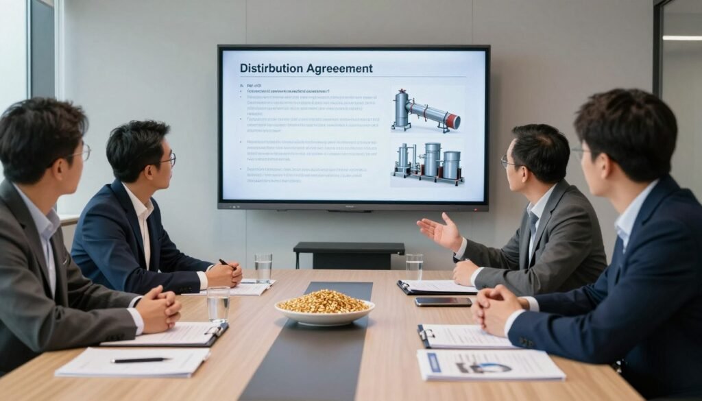 Business partnership meeting discussing pellet production line distribution agreements Business partnership meeting discussing pellet production line distribution agreements