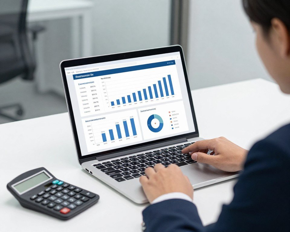 Business professional analyzing feed production line investment ROI calculations on laptop