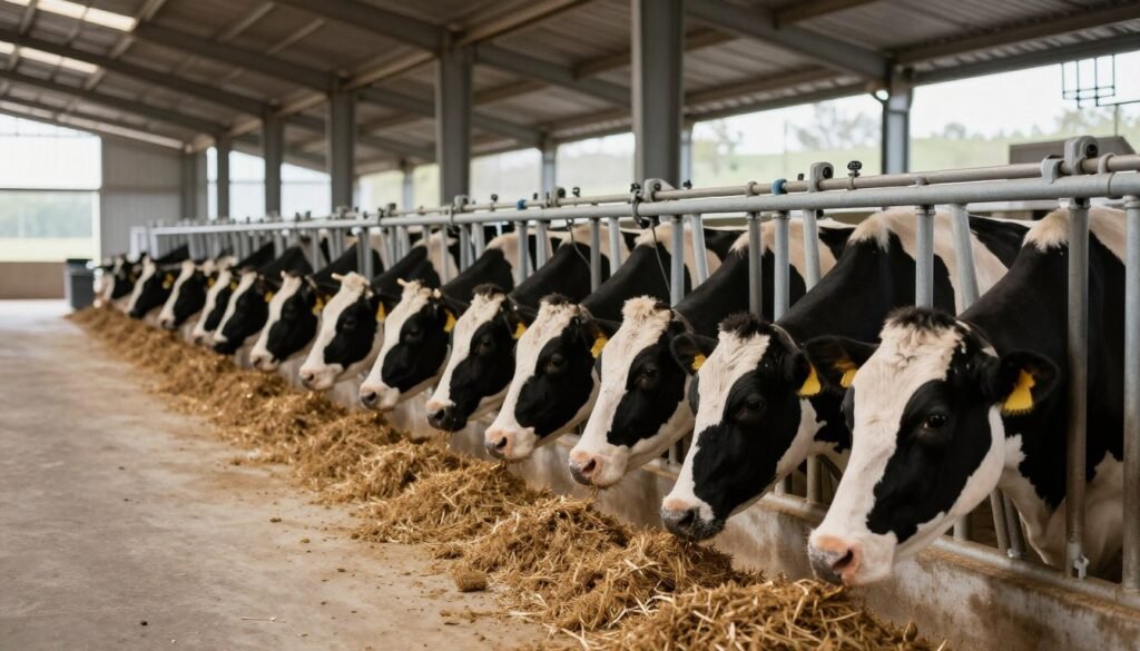 Cattle consuming pelleted feed from trough in modern dairy facility