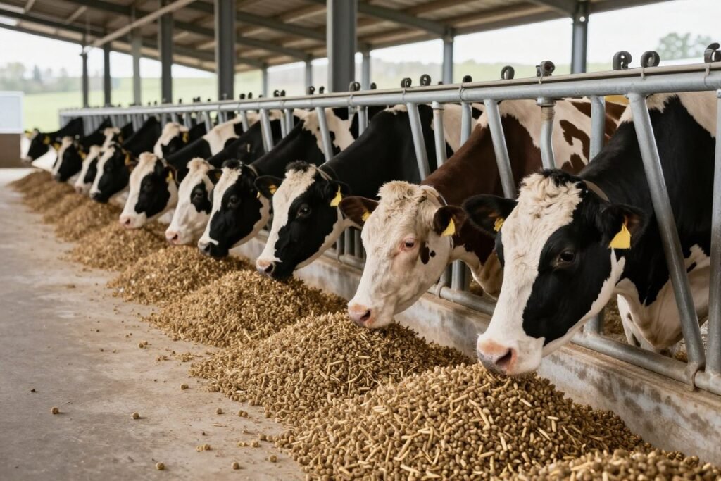 Cattle feeding on high-quality pellets produced by on-farm feed mill Cattle feeding on high-quality pellets produced by on-farm feed mill