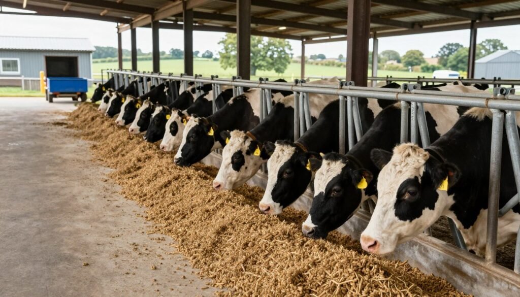 Cattle feeding on pellets produced by MAIKONG equipment at UK beef farm Cattle feeding on pellets produced by MAIKONG equipment at UK beef farm