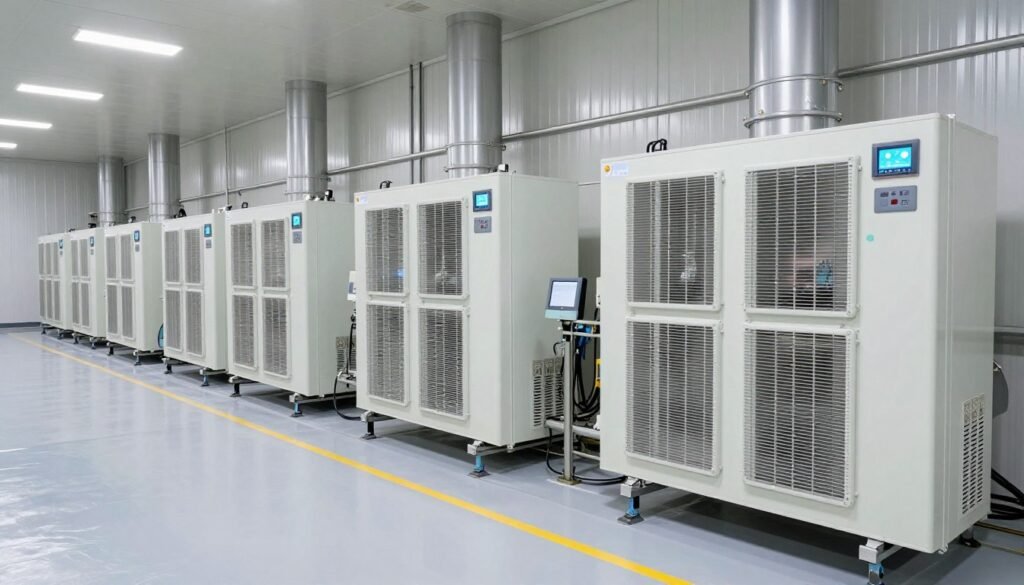 Climate-controlled aquatic feed production facility interior Climate-controlled aquatic feed production facility interior