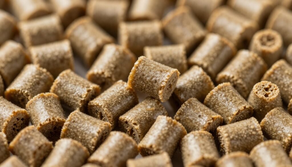 Close-up of cattle feed pellets produced by MAIKONG MK-L003 showing uniform size and quality Close-up of cattle feed pellets produced by MAIKONG MK-L003 showing uniform size and quality