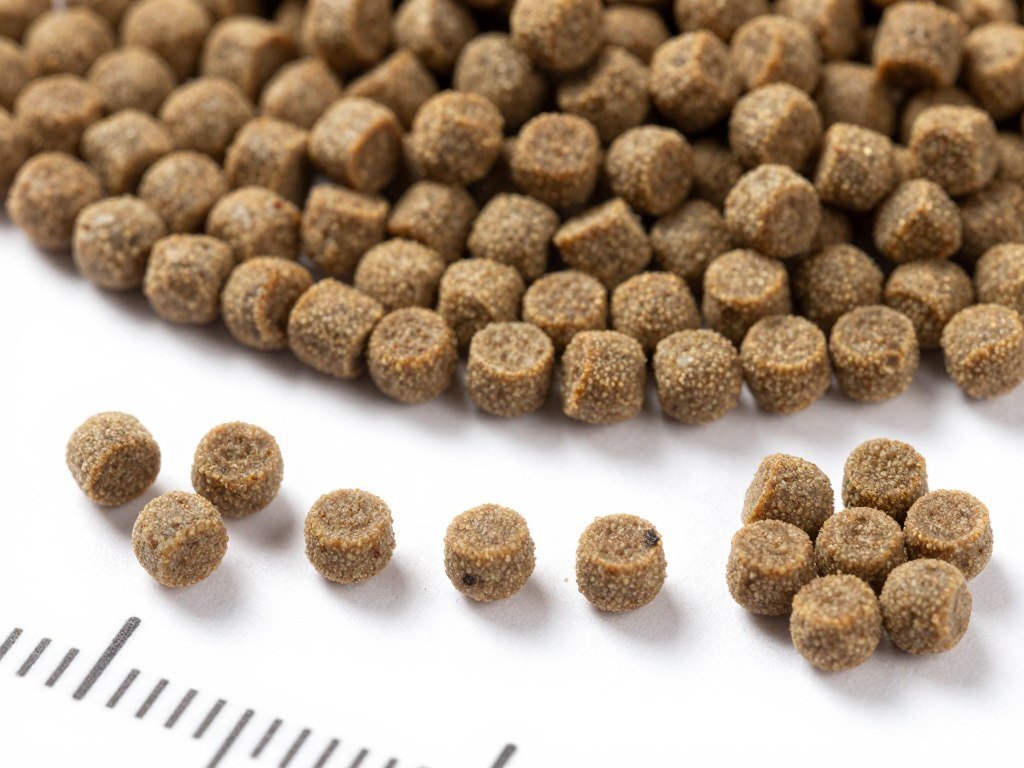 Close-up of high-quality shrimp feed pellets showing uniform size and texture Close-up of high-quality shrimp feed pellets showing uniform size and texture
