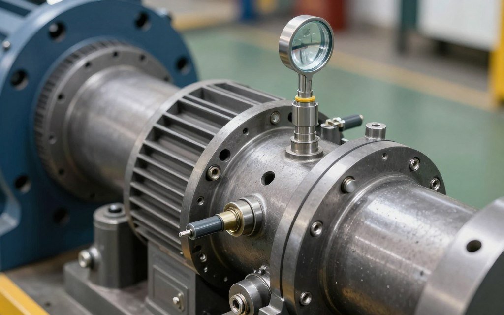 Close-up of lubrication points on biomass pellet mill gearbox with maintenance labels Close-up of lubrication points on biomass pellet mill gearbox with maintenance labels