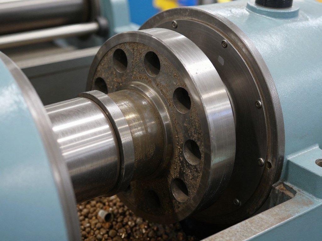 Close-up of pellet die and roller assembly showing wear patterns