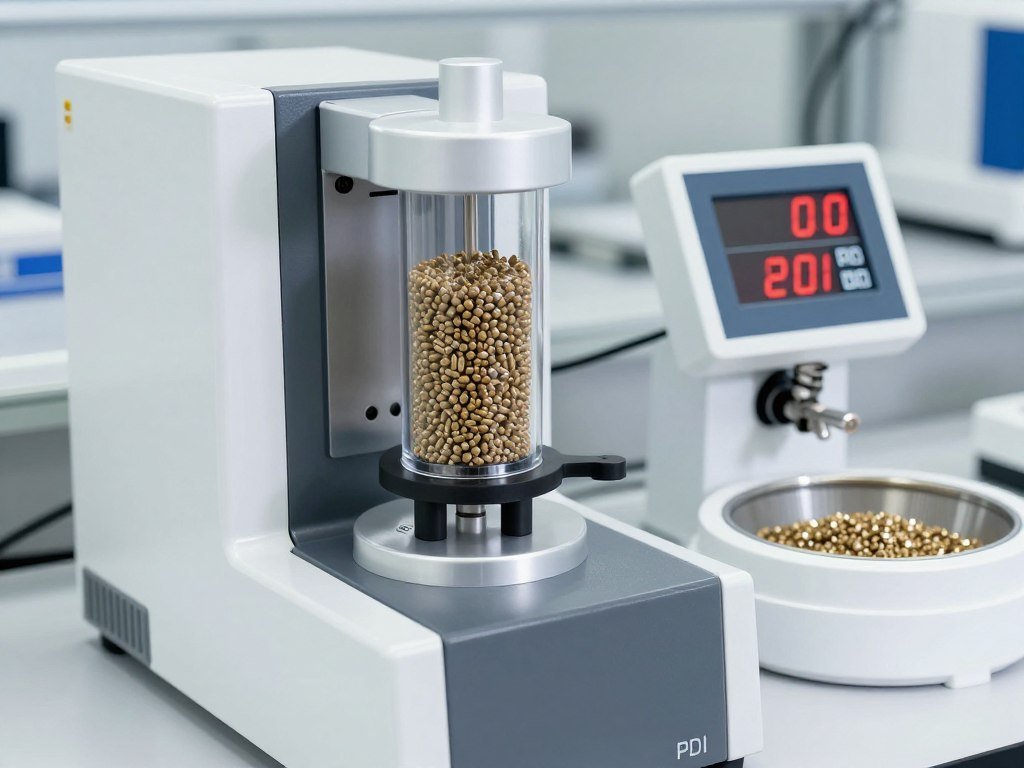 Close up of pellet quality testing showing pellet durability index measurement equipment and pellet samples