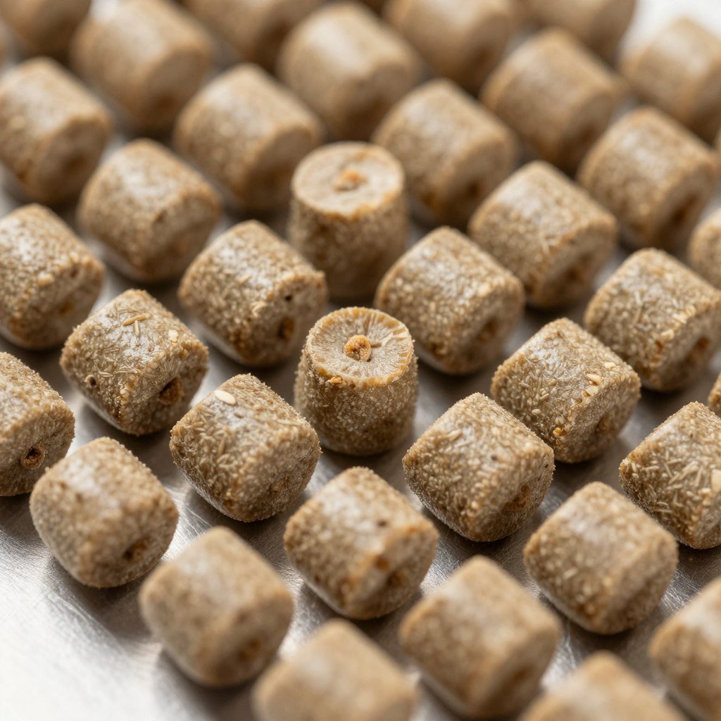 Close-up of pig feed pellets showing uniform size and quality