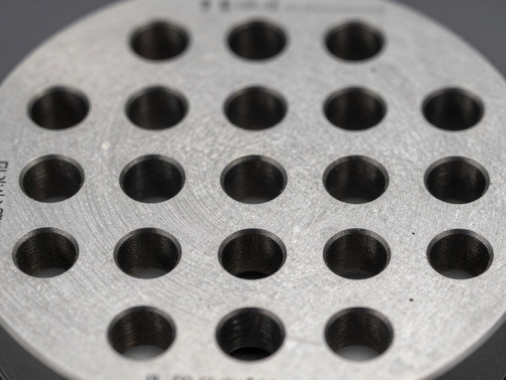 Close-up of ring die showing precision drilled holes