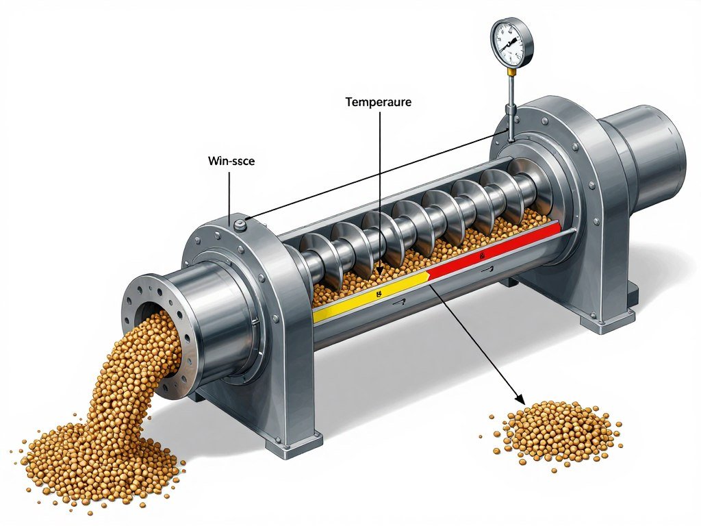 Close-up of twin-screw extruder barrel showing feed material being processed at high temperature