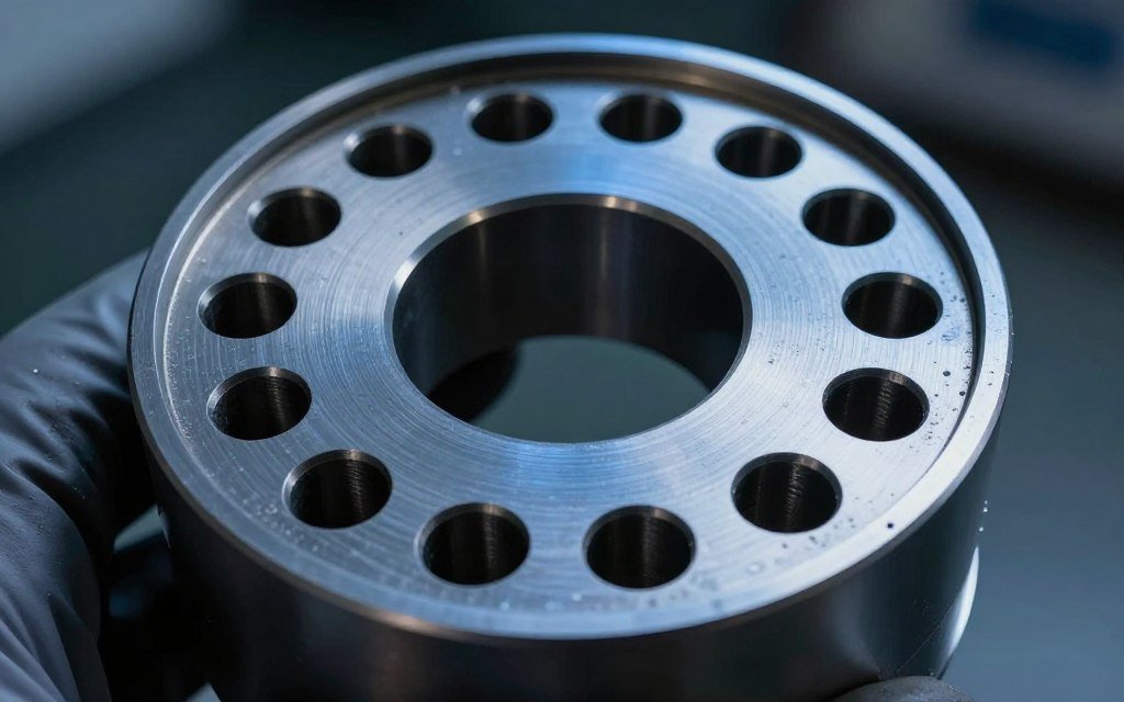 Close-up technical photograph of MAIKONG patented ring die showing precision hole patterns and heat treatment finish