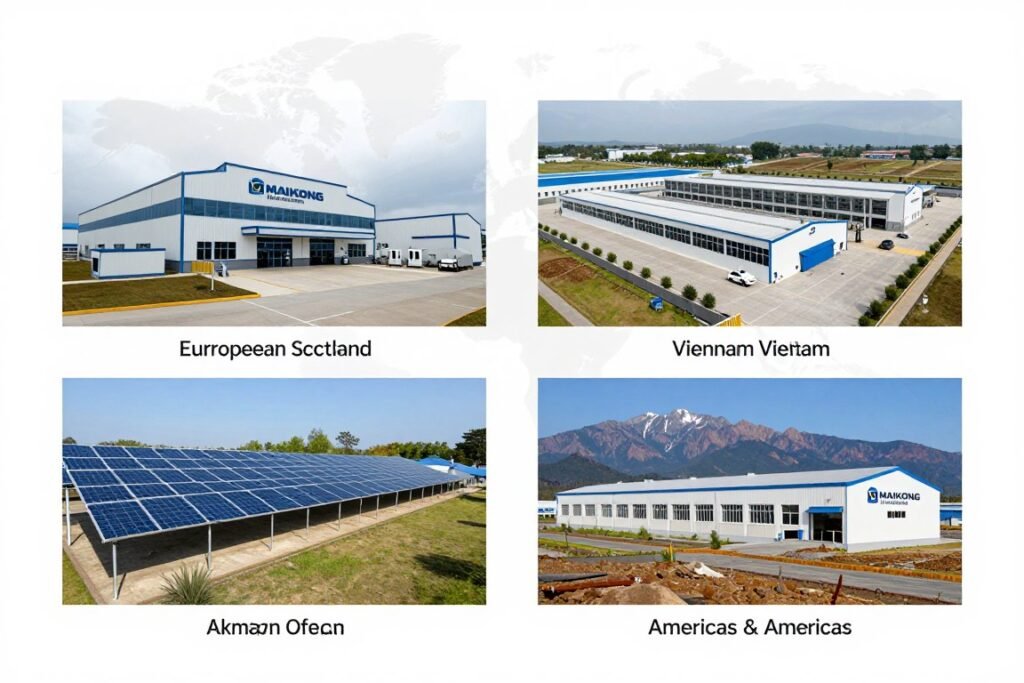 Collage showing MAIKONG fish feed production facilities across different continents