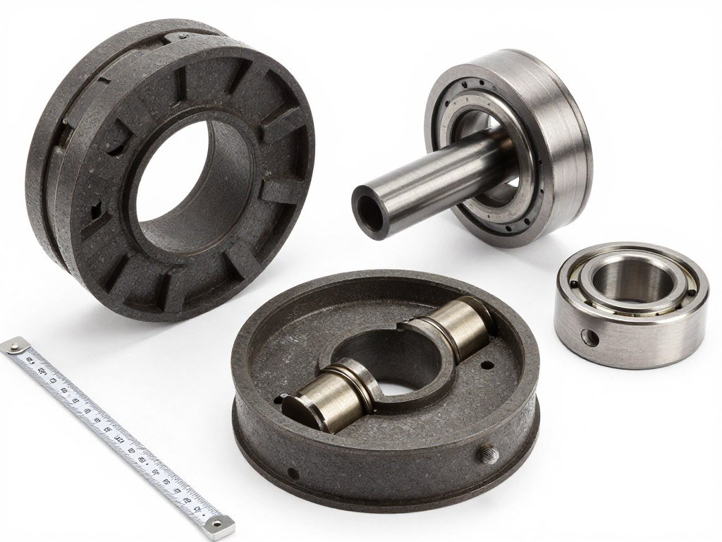 Collection of biomass pellet mill spare parts including dies, rollers, bearings arranged for inspection Collection of biomass pellet mill spare parts including dies, rollers, bearings arranged for inspection