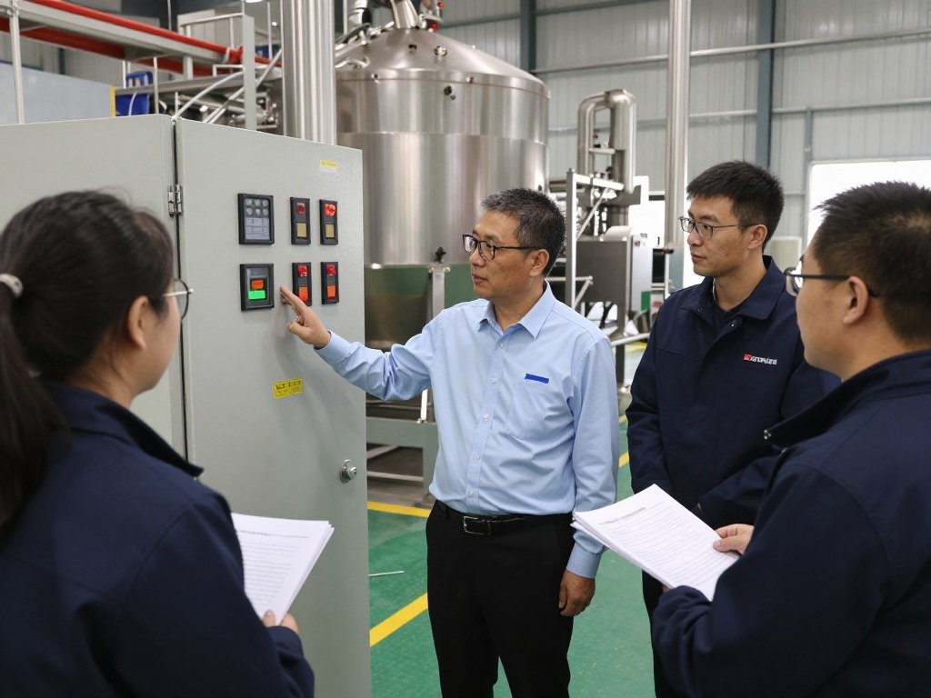 Commissioning engineer training customer operators on biomass pellet production line controls Commissioning engineer training customer operators on biomass pellet production line controls