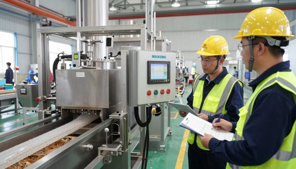 Commissioning team testing shrimp feed production line equipment Commissioning team testing shrimp feed production line equipment