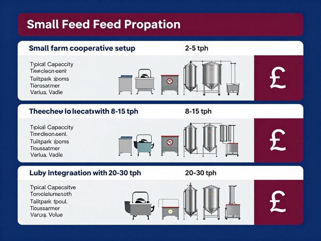 Comparison chart showing different cattle feed production scales and equipment requirements for UK market segments