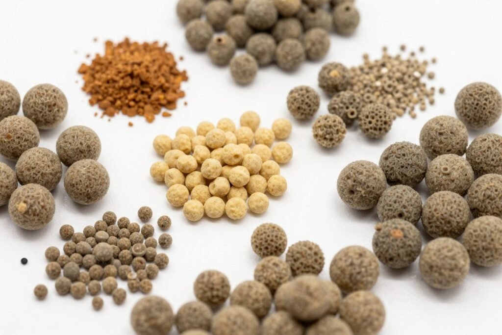 Comparison of different aquatic feed pellets showing various sizes and colours Comparison of different aquatic feed pellets showing various sizes and colours