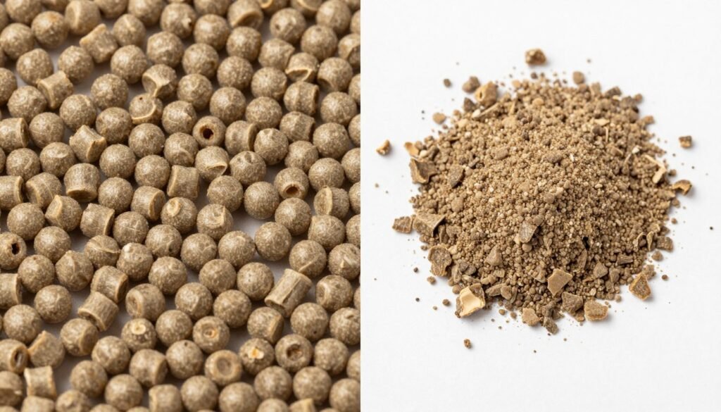 Comparison of high-quality durable feed pellets versus poor-quality pellets with excessive fines and broken particles Comparison of high-quality durable feed pellets versus poor-quality pellets with excessive fines and broken particles