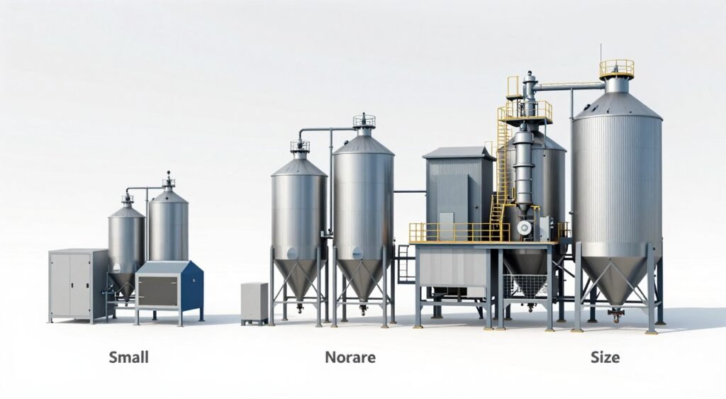 Comparison of small, medium and large capacity animal feed production facilities showing different equipment scales Comparison of small, medium and large capacity animal feed production facilities showing different equipment scales