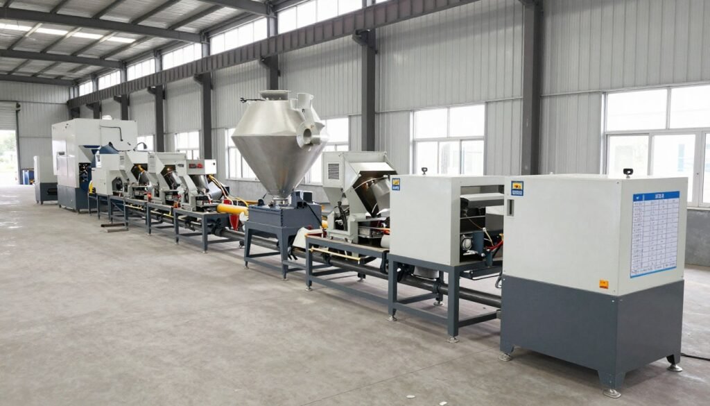 Complete MAIKONG MK-L003 biomass pellet production line showing all major components Complete MAIKONG MK-L003 biomass pellet production line showing all major components