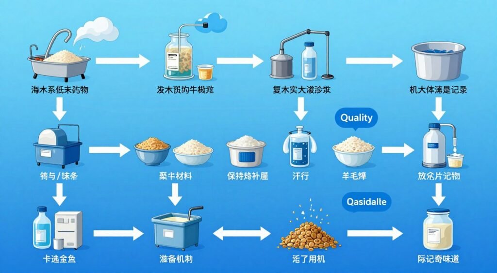 Complete aquatic feed production workflow diagram showing all process stages Complete aquatic feed production workflow diagram showing all process stages