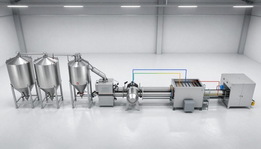 Complete fish feed production line layout showing all equipment modules in sequential arrangement