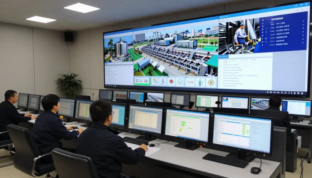 Control room operators monitoring aquatic feed production process Control room operators monitoring aquatic feed production process