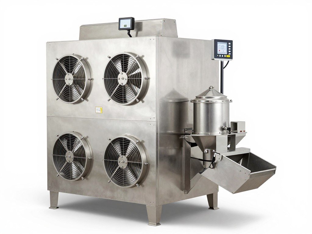 Counter-flow pellet cooler equipment showing pellet discharge and airflow system for temperature reduction